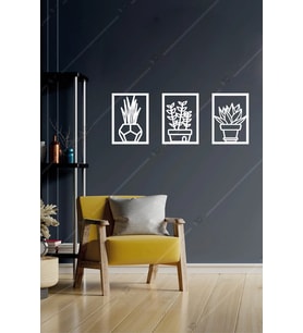 3 lü Çiçek Set Duvar Dekorasyonu Ahşap Tablo (Beyaz)