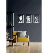 3 lü Çiçek Set Duvar Dekorasyonu Ahşap Tablo (Beyaz)