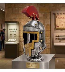 Roma Centurion Savaşçı Kaskı Standlı Obje - Masabaşı Altın Perçinli Eskitme Miğfer Dekorasyon (53x16 cm)