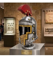 Roma Centurion Savaşçı Kaskı Standlı Obje - Masabaşı Altın Perçinli Eskitme Miğfer Dekorasyon (53x16 cm)