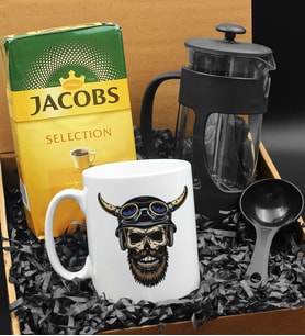 Özel Tasarımlı Kasklı Kuru Kafa Kupa & French Press & 250 Gram Jacobs Selection Filtre Kahve Hediye Seti