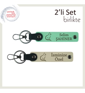 Minnoşlara Ait Tasarım, Pati Desenli, İsme Yazılabilir Deri Anahtarlık, Açık Yeşil-Sütlü Kahve