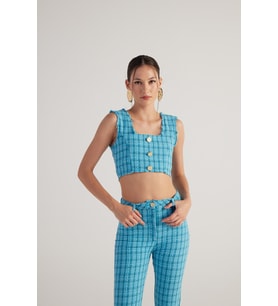 Tüvit Kumaş Crop Tweed Büstiyer Pembe (Mavi)