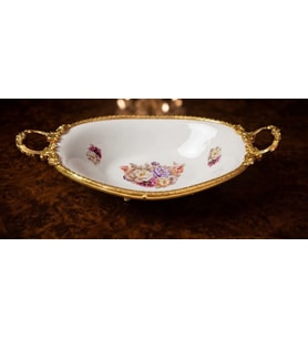 DEKORATİF GOLD METAL AYAKLI OVAL DERİN ÇİÇEKLİ PORSELEN SUNUMLUK TABAK