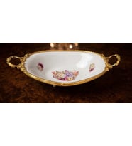 DEKORATİF GOLD METAL AYAKLI OVAL DERİN ÇİÇEKLİ PORSELEN SUNUMLUK TABAK