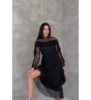 Neşeli butik kadın siyah transparan dantel detaylı tül midi elbise --- NBK4571