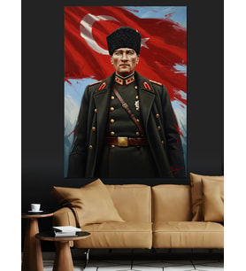 Atatürk Türk Bayraklı Askeri Üniformalı Dekoratif Kanvas - Mdf Ahşap Tablo