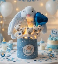 Hoşgeldin Bebek Temalı, Uyku Arkadaşı Tavşan ile  LED Işıklı Yumoş Peluş Ayıcık Buketi, Yenidoğan-Babyshower ÖZEL
