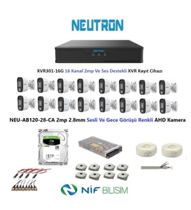 Neutron 2mp 16 kameralı Gece Renkli Sesli Dış ortam AHD Full Kamera Seti 500GB Disk NEU-AB120-28-CA