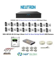 Neutron 2mp 16 kameralı Gece Renkli Sesli Dış ortam AHD Full Kamera Seti 500GB Disk NEU-AB120-28-CA