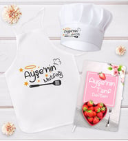 BK Gift Kişiye Özel Mutfak Önlüğü Aşçı Şapkası ve Tarif Defteri Hediye Seti Model 9