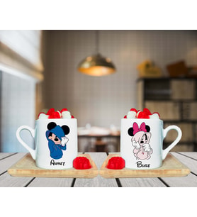 Minnie Mouse & Mickey Mouse Çift Tasarımlı Çift Ahşap Tabaklı Kişiye Özel Türk Kahvesi Fincanı Seti