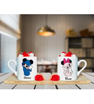 Minnie Mouse & Mickey Mouse Çift Tasarımlı Çift Ahşap Tabaklı Kişiye Özel Türk Kahvesi Fincanı Seti