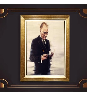 Altın Varaklı Çerçeveli Paspartulu Atatürk Tablo nl02A207 (Gold)