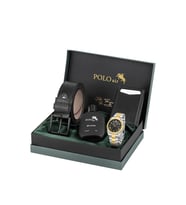 Polo Air Takvimli Erkek Kol Saati Otomatik Cüzdan Kemer Parfüm Seti Altın Gümüş Siyah  Renk PL-7081E6 (Altın-Siyah)