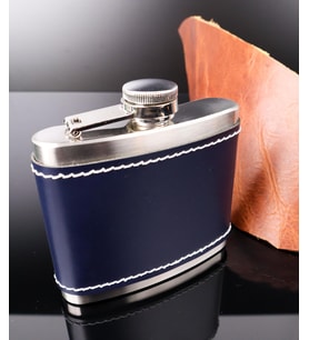Perlotus 5 Oz-150 cc Hunili Lacivert Premium Deri Kılıf Çelik Viski İçki Konyak 