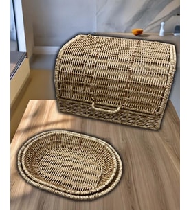 Mien Doğal Rattan 3’lü Hasır Set  Kapaklı Ekmek Sepeti ve Dekoratif Sunum Sepetleri