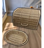 Mien Doğal Rattan 3’lü Hasır Set  Kapaklı Ekmek Sepeti ve Dekoratif Sunum Sepetleri (Ahşap)