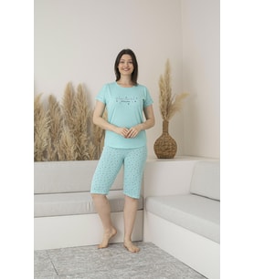 Kadın Yazlık Puantiyeli Kısa Kollu Kaprili Viskon Pijama Takımı (Mint)