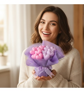Premium El Emeği Pembe Lila Kalpler Mum Buketi