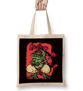 Samurai Frog Kendo Katana Cherry Blossom Tree Sakura Japan Bez Çanta Uzun Saplı