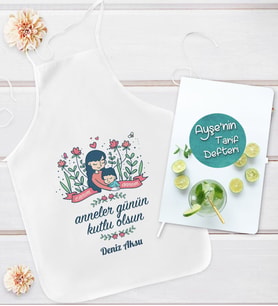 BK Gift Kişiye Özel Anneler Günü Tasarımlı Mutfak Önlüğü ve Yemek Tarif Defteri Hediye Seti-2, Anneye Hediye, Anneler Günü Hediyeleri