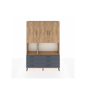 Arges Dolap 6 Raflı 6 Çekmeceli 3 Kapaklı 132x30x195 Çam-Çam/Antrasit