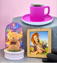 Kişiye Özel Hediye Seti Kahve Fincanı, Fotoğraf ve Renkli Led Işıklı Ayıcıklı Fanus