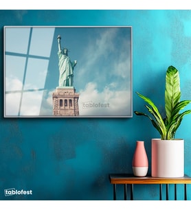 Gümüş Renk Metal Çerçeveli Tamperli Cam Tablo New York Özgürlük Anıtı Şehir Mimari Tablo Duvar Dekoru