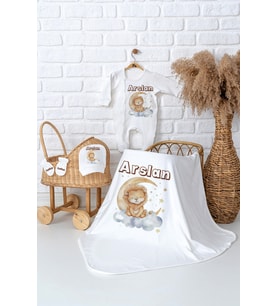 Pia Baby Premium  %100 Pamuk İsme Özel Erkek Bebek Hastane Çıkışı Tulumlu Bebek Hediye Seti 5015-05 (Ekru)
