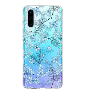 Huawei P30 Uyumlu Kapak Floral Mavi Tasarımlı Şeffaf Silikon Kılıf