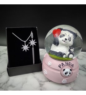 Sevimli Işıklı Panda Kar Küresi& Gümüş Kutup Yıldızı Zirkon Taşlı Kolye ve Bileklik Hediye Seti
