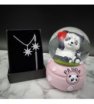 Sevimli Işıklı Panda Kar Küresi& Gümüş Kutup Yıldızı Zirkon Taşlı Kolye ve Bileklik Hediye Seti