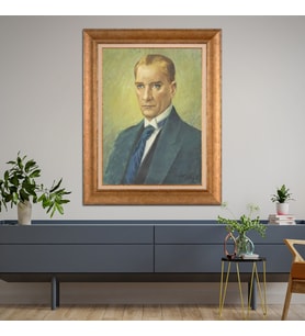 Altın Varaklı Çerçeveli Paspartulu Atatürk Tablo z4986 (Gold)