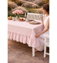 Buldan Keteni Fırfırlı Vintage Pembe çizgili Masa Örtüsü