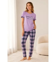 Pamuklu Penye Summer Baskılı Kısa Kollu Pijama Takımı Bisiklet Yaka Ekose Desenli - Lila
