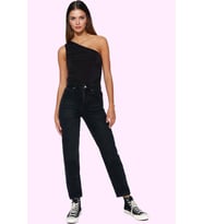 Kadın Pamuk Denim Mom Jean Pantolon Yüksek Bel Regular Boy Günlük Kullanım Kaliteli Malzeme (Siyah)