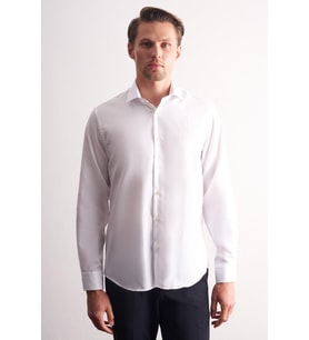 Beyaz Yarım İtalyan Yaka Kendinden Desenli Uzun Kol Premium Slim Fit %100 Pamuk Gömlek 1004255192