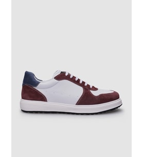 %100 Hakiki Deri Beyaz - Bordo Bağcıklı Erkek Sneaker