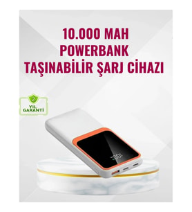 Mey İthalat® Powerbank 10000 mAh – Çift USB Çıkışlı, Type-C Girişli, Şık Beyaz Tasarım