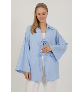 %100 Pamuk Keten Cepli Bağcıklı Kadın Kimono 1165 – Gömlek Yaka, Nefes Alan Kumaş (Bebe Mavi)