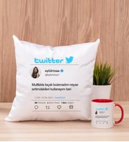 Kişiye Özel Twitter Tasarım Fotoğraflı Kare Yastık ve Kırmızı Kupa