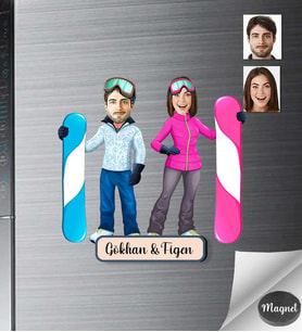 Kişiye Özel Kayakcı Sevgili Ahşap Magnet -1