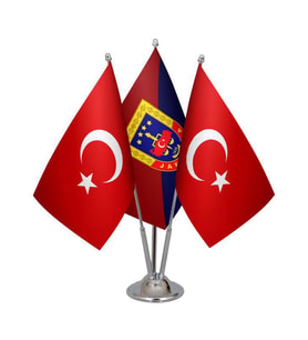 Masa Üstü Jandarma Bayrağı Türk Bayrağı Üçlü Krom Direk Masa Bayrak Seti
