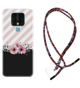Tecno Camon 16 18P Pova Kılıf Boyun Asklı Rasta Silikon Strip Pink Flowers 1396