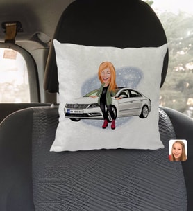 BK Gift Kişiye Özel Plakalı Kadın Volkswagen Passat Karikatürlü Kare Araç Koltuk Yastığı-1