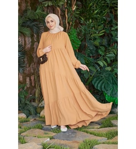 6614-Büzgülü  Berlin Elbise Camel