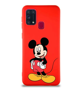 Samsung Galaxy M31 Soft Premier Kapak Mickey Mouse-E Tasarımlı Silikon Kılıf - Kırmızı (Şeffaf)