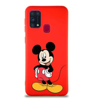 Samsung Galaxy M31 Soft Premier Kapak Mickey Mouse-E Tasarımlı Silikon Kılıf - Kırmızı (Şeffaf)