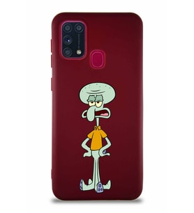 Samsung Galaxy M31 Soft Premier Kapak Squidward Dokunaç Tasarımlı Silikon Kılıf - Mürdüm (Şeffaf)